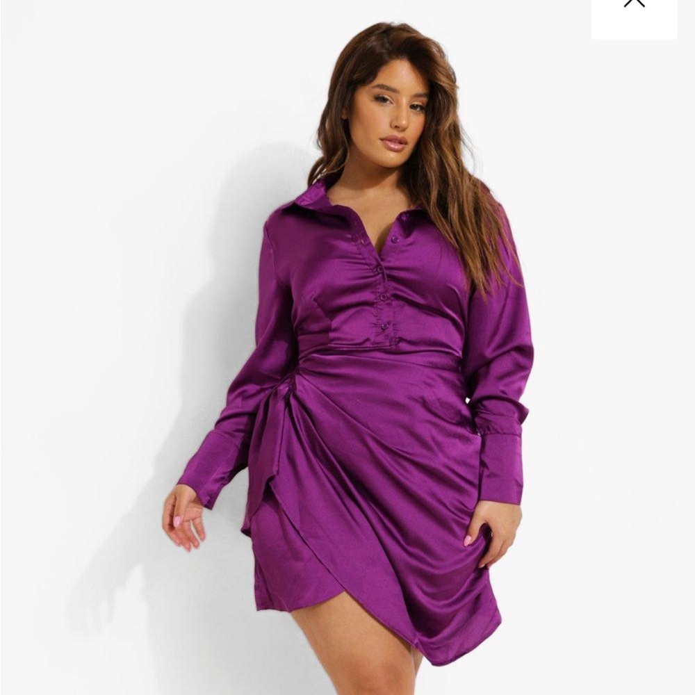 Plus Satin Ruched Wrap Dress